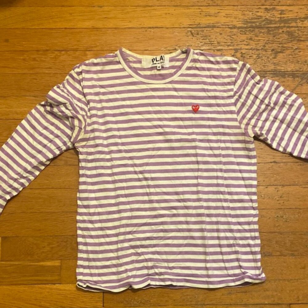 COMME DES GARÇONS PLAY STRIPED LOGO PATCH SZ M T-SHIRT LONG SLEEVE PURPLE VIOLET
